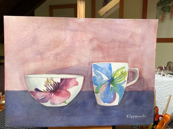 Still life with floral bowl and mug