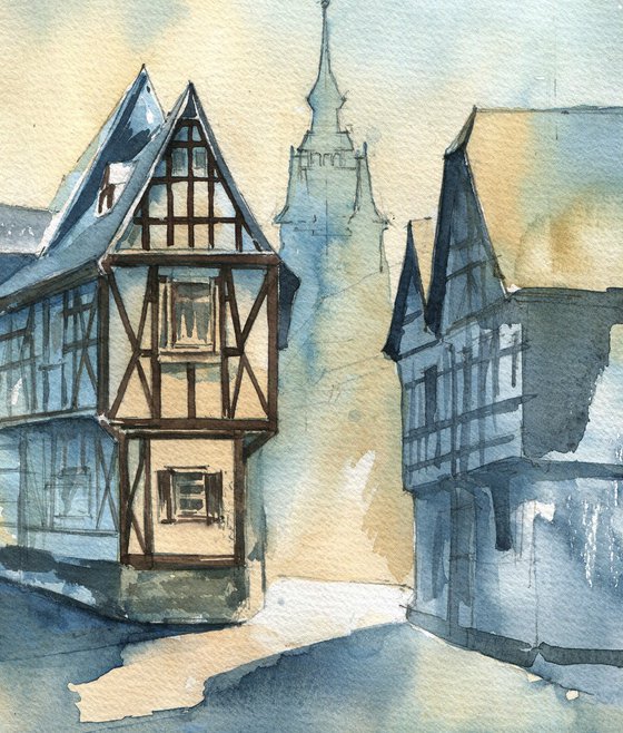 "Street in a medieval city" architectural artwork in watercolor