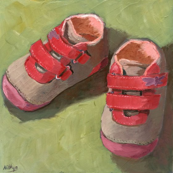 A Companion Pair - Original Painting of Pink Baby Shoes