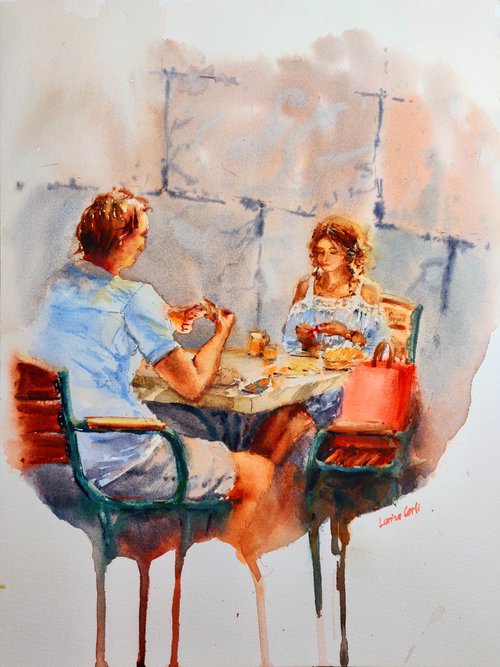 Summer breakfast | Original watercolor painting (2023) | Original Hand-painted Art Small Artist | Mediterranean Europe Impressionistic by Larisa Carli