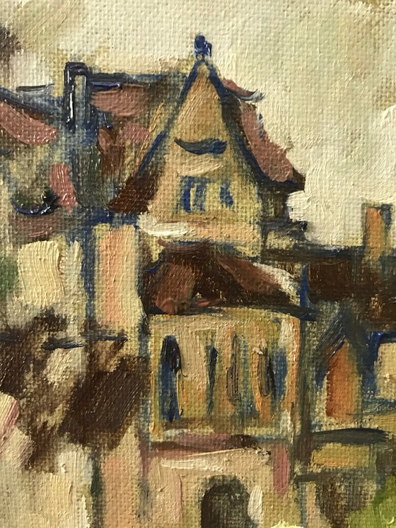 Original Oil Painting Wall Art Signed unframed Hand Made Jixiang Dong Canvas 25cm × 20cm Cityscape Riverside Oxford Small Impressionism Impasto