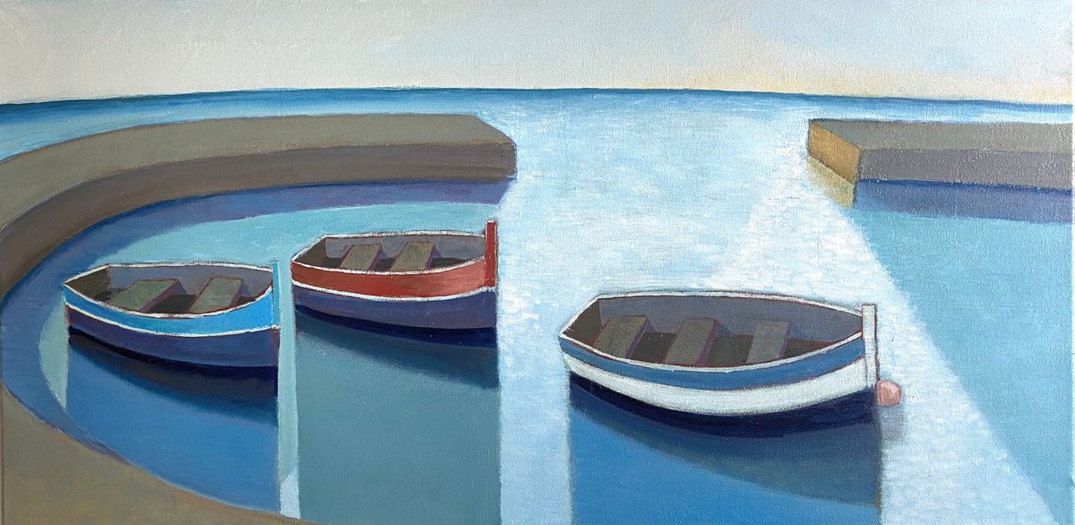 Three Boats In Harbour By Nigel Sharman, 34 X 18, Artwork For Sale On Artfinder