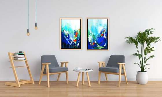 Abstract Flowers Modern Floral Landscape Painting. Blue, Red, Green, Violet, Teal, Abstract Tropical Flowers and Birds. Original Botanical Garden Painting on Canvas. Modern Impressionistic Art