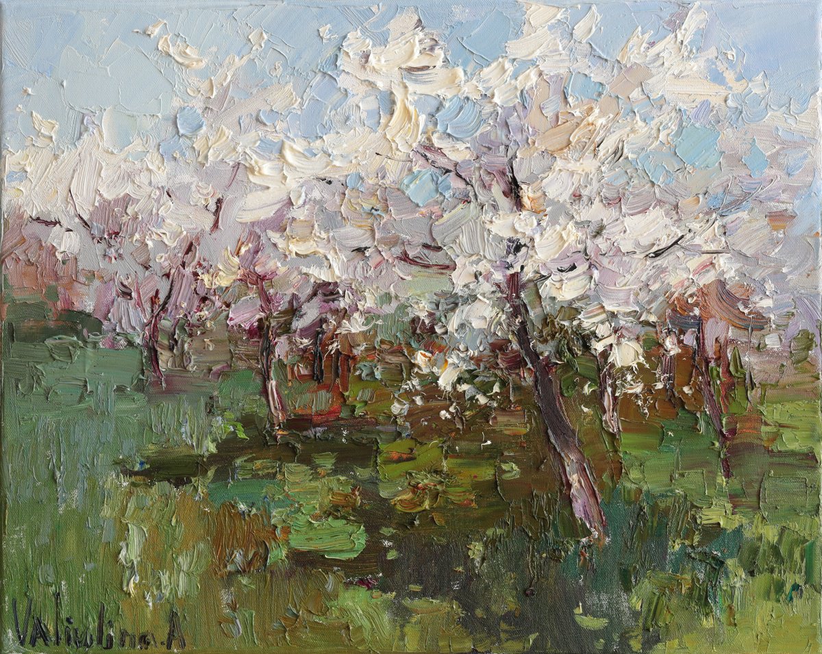 Impressionistic Botanical Oil Painting By Anastasiia Valiulina, 20 X 16, Flowering Trees, Original Artwork