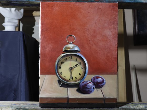 Still life with plums old watch (24x18cm, oil painting, ready to hang)