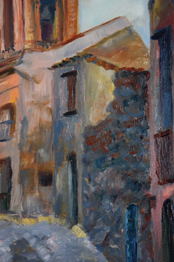 Original oil painting on canvas Italian street, Erice