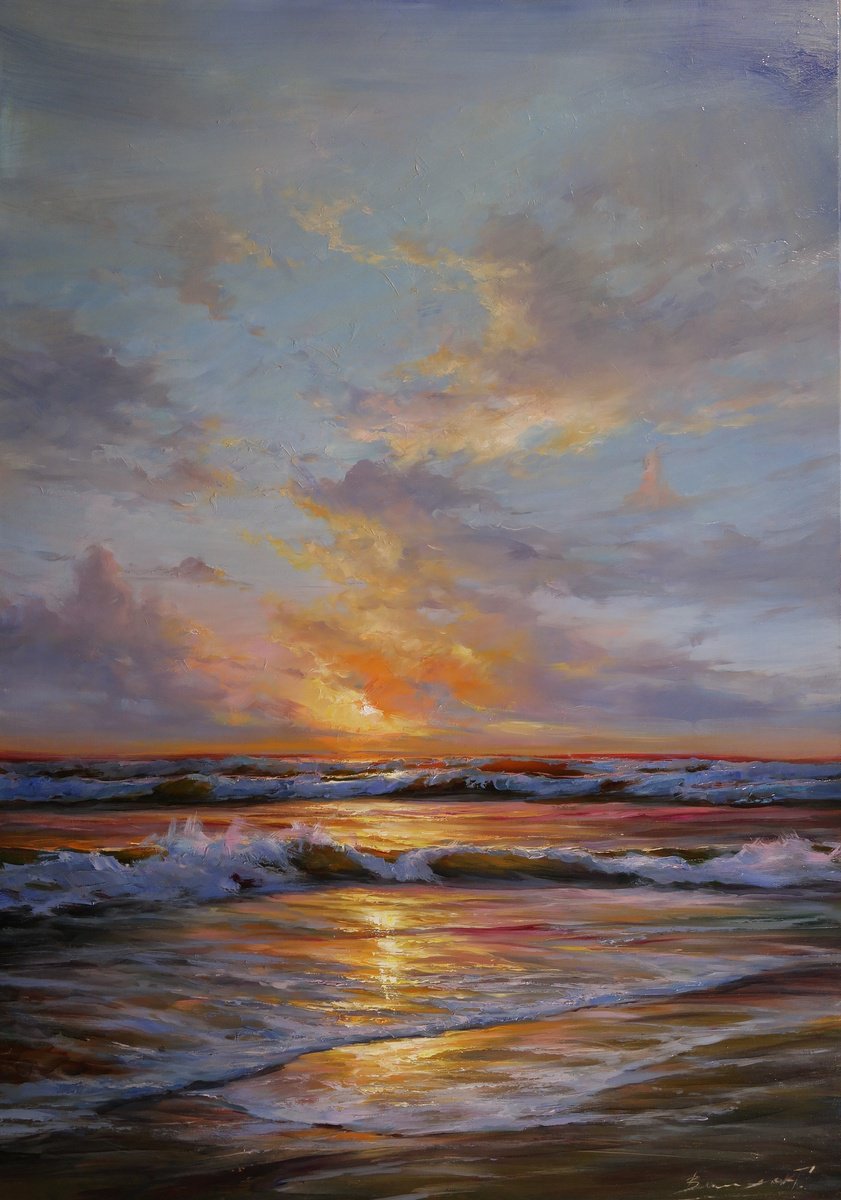 Impressionistic Landscape Oil Painting By Gennady Vylusk, 28 X 39, Evening Symphony Of The Sea, Original Artwork