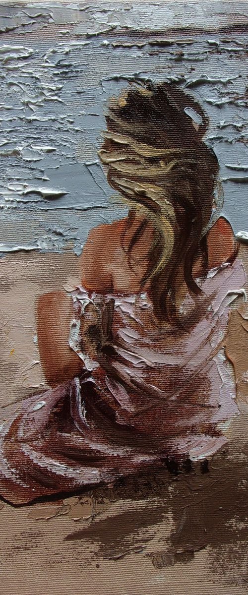 " LISTENING TO SILENCE I ... " original painting SEA spring palette knife GIFT by Monika Luniak