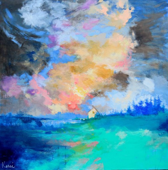 Be Home By Morning 36x36" Colorful Abstract Landscape Painting with Farmhouse Original