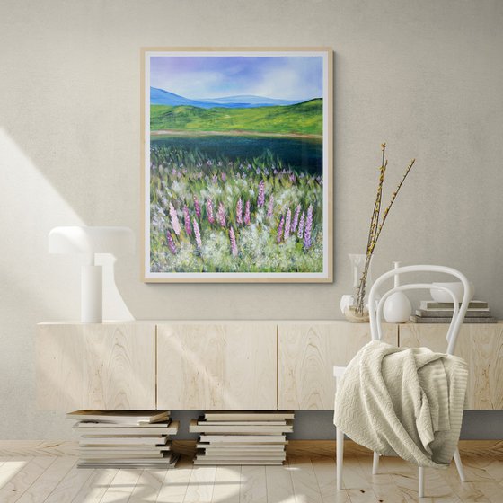 Mountains river pink purple flowers river oil landscape