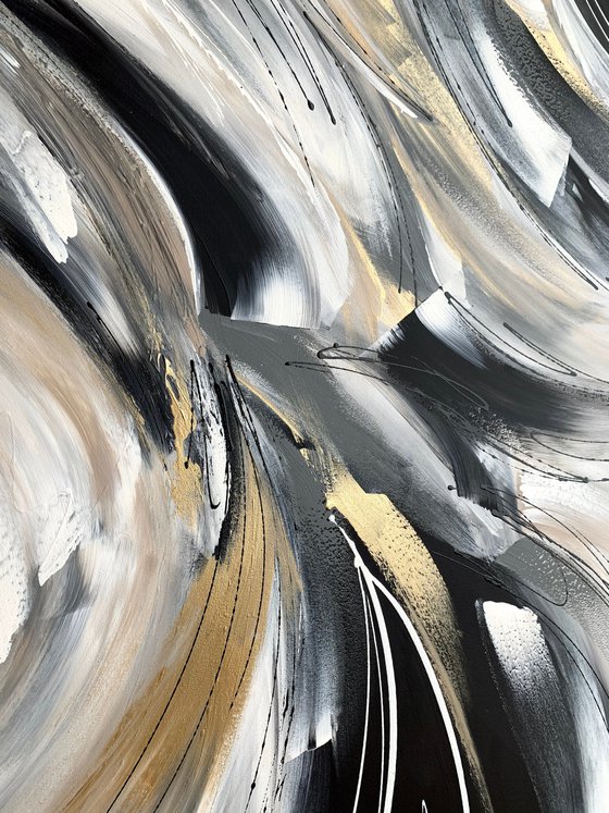 Wild and Free - XL LARGE;  GOLD, BLACK & WHITE ART; MODERN ABSTRACT ART – EXPRESSIONS OF ENERGY AND LIGHT. READY TO HANG!