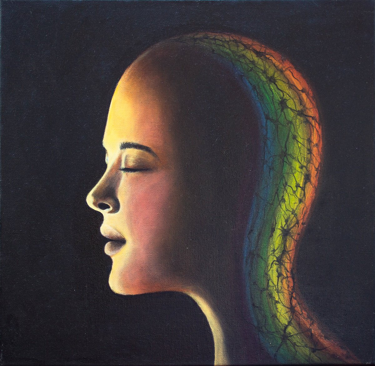 Surrealistic Portrait Oil Painting By Mila Moroko, 16 X 16", The Profile Of Feminine Enigma 1, Original Artwork