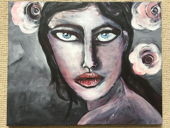 All In Her Eyes Face Portrait of Woman Large Canvas Artwork Paintings Portraiture Girl Flowers Roses Art For Sale 40x50cm Gift Ideas Free Delivery Worldwide