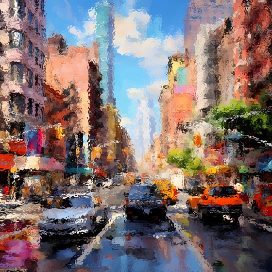 American street after the rain. Urban 7th Avenue and Broadway Times Square New York City USA cityscene, colorful impressionistic landscape art. Large wall art home decor. Art Gift
