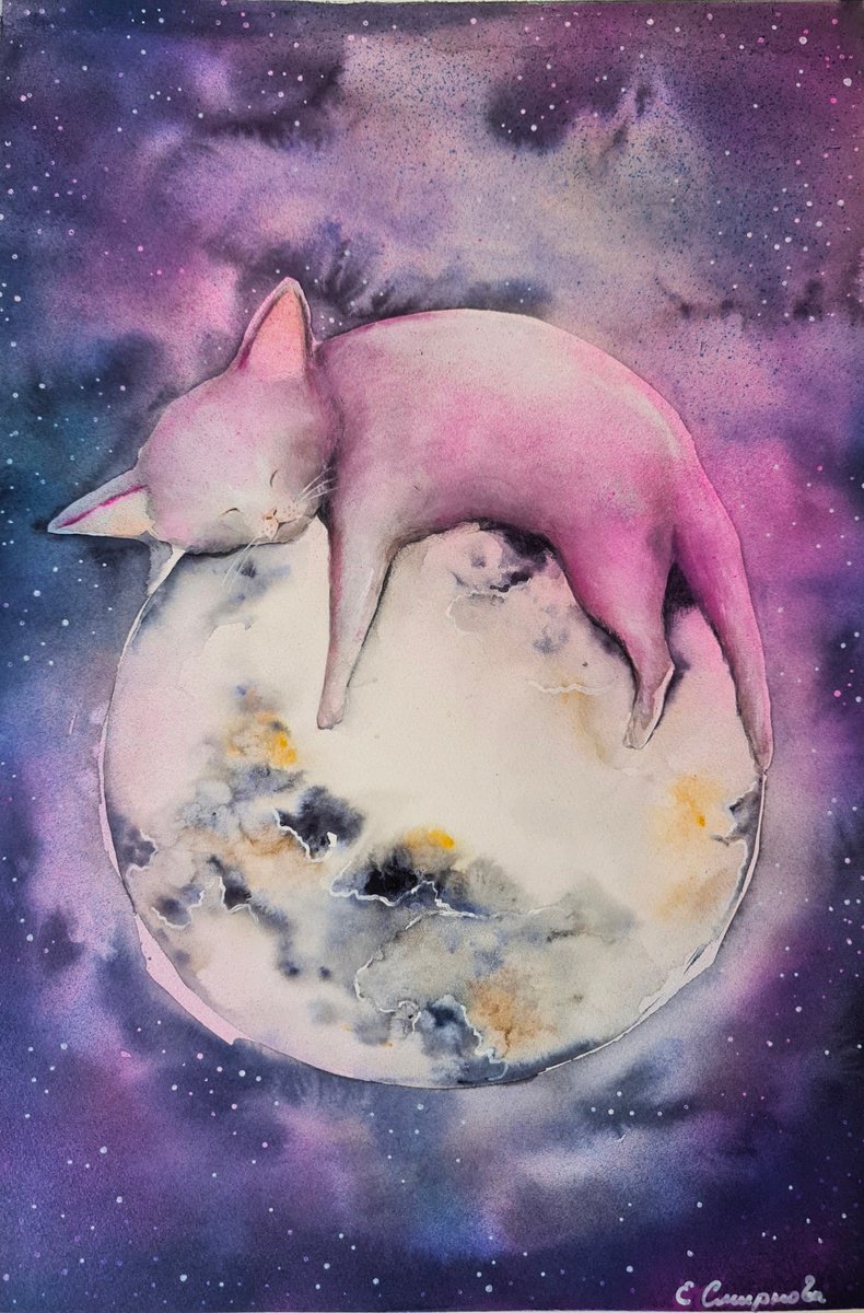 Surrealistic Animal Watercolour By Evgenia Smirnova, 15 X 22, Moonlight Nap, Original Artwork