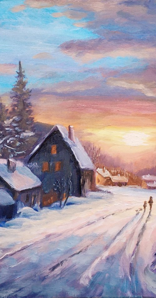Winter village sunset by Elena Sokolova