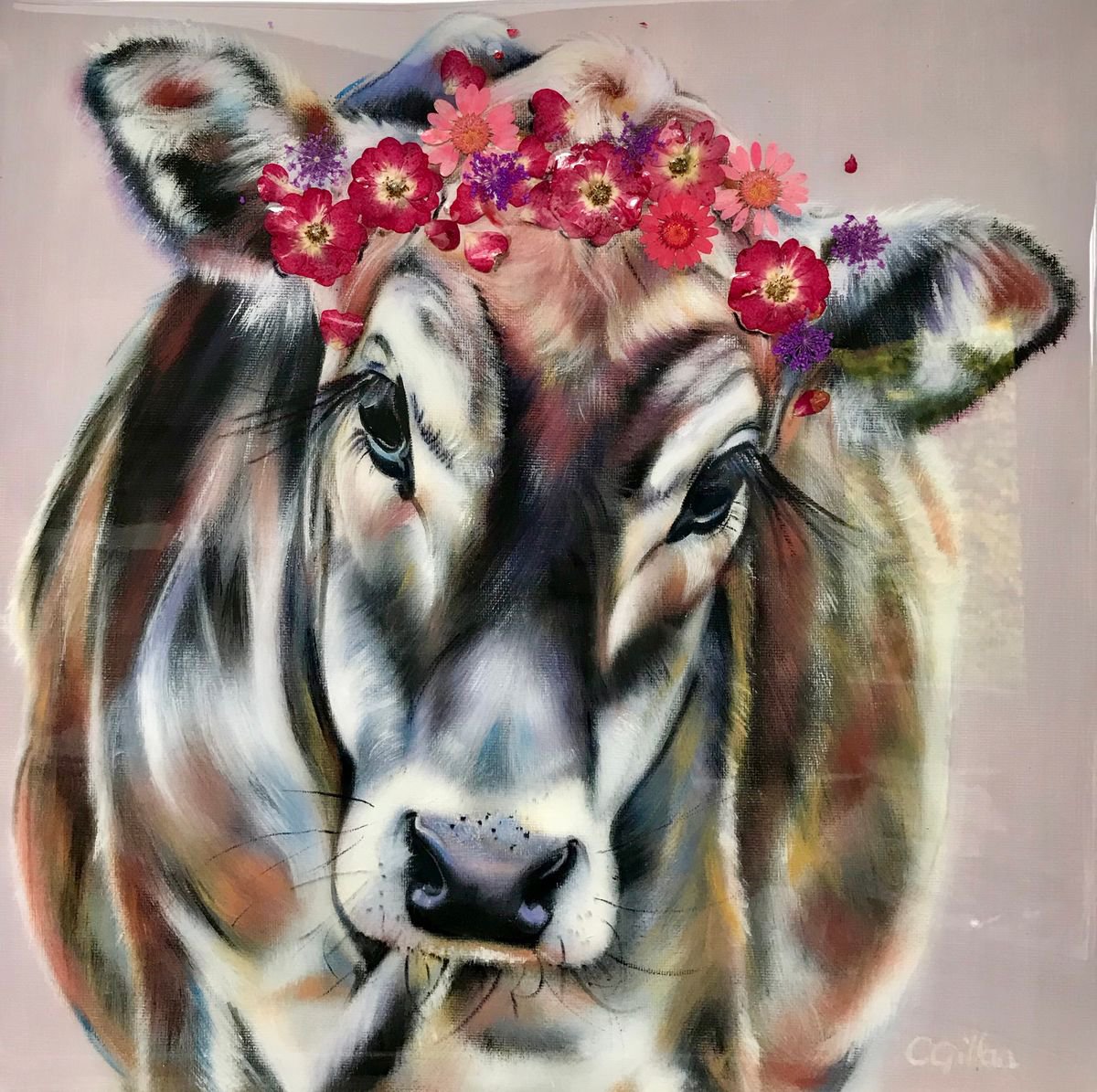 Sasha Cow original oil on canvas, flowers, resin, 3D 14x14 by Carol Gillan