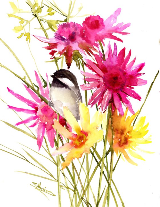 Chickadees and flowers