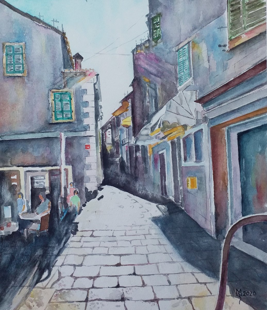 Impressionistic Cityscapes Watercolour By Zoran Mihajlovic Muza, 11 X 12", Street Of Light, Original Artwork