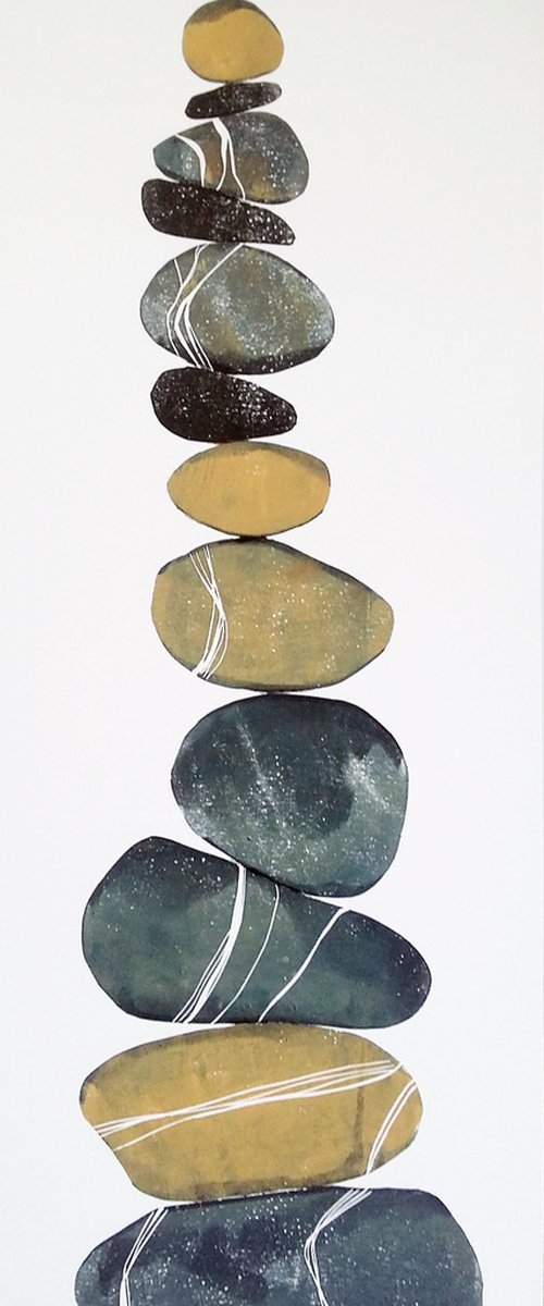 Zen stones - Twelve stones #6  ( banded balancing stones lino/monoprint) by Carolynne Coulson