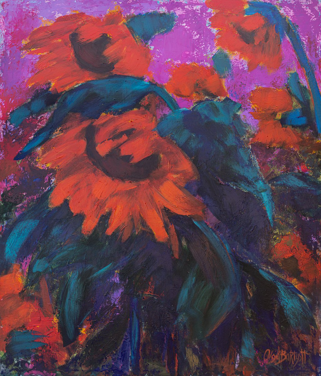 Evening - acrylic painting on canvas sunflowers autumn summer season floral original gift... by Olga Bartysh