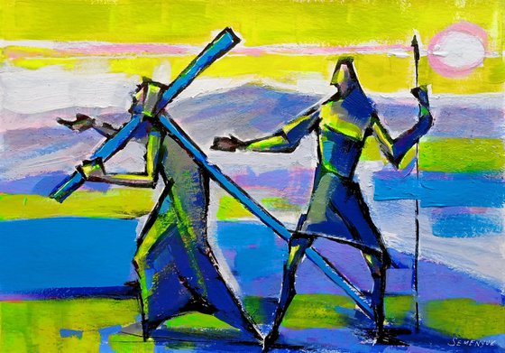 Two Figures on Green and Blue