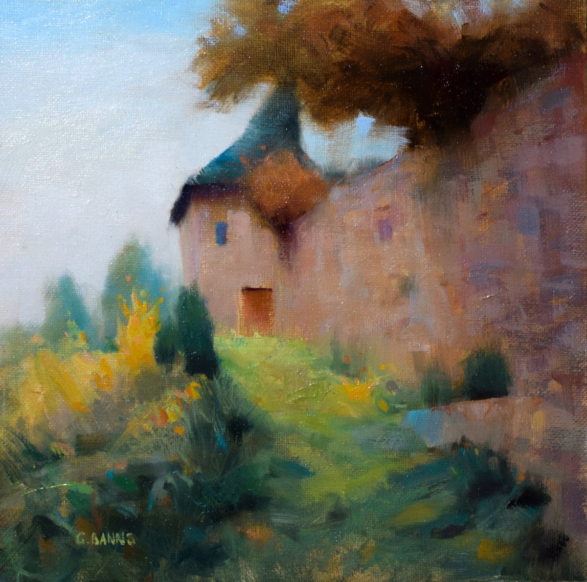 Impressionistic Landscape Oil Painting By Gav Banns, 10 X 10, Fortified Village Walls France, Original Artwork