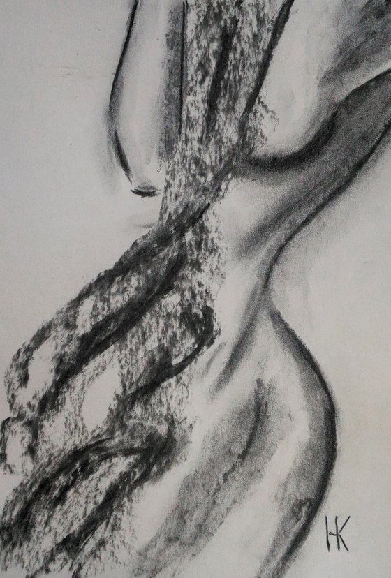 Female nude original charcoal drawing on paper woman nude charcoal draw