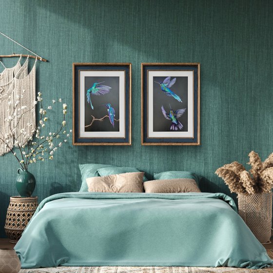 Colibri Flowers Diptych Pastel