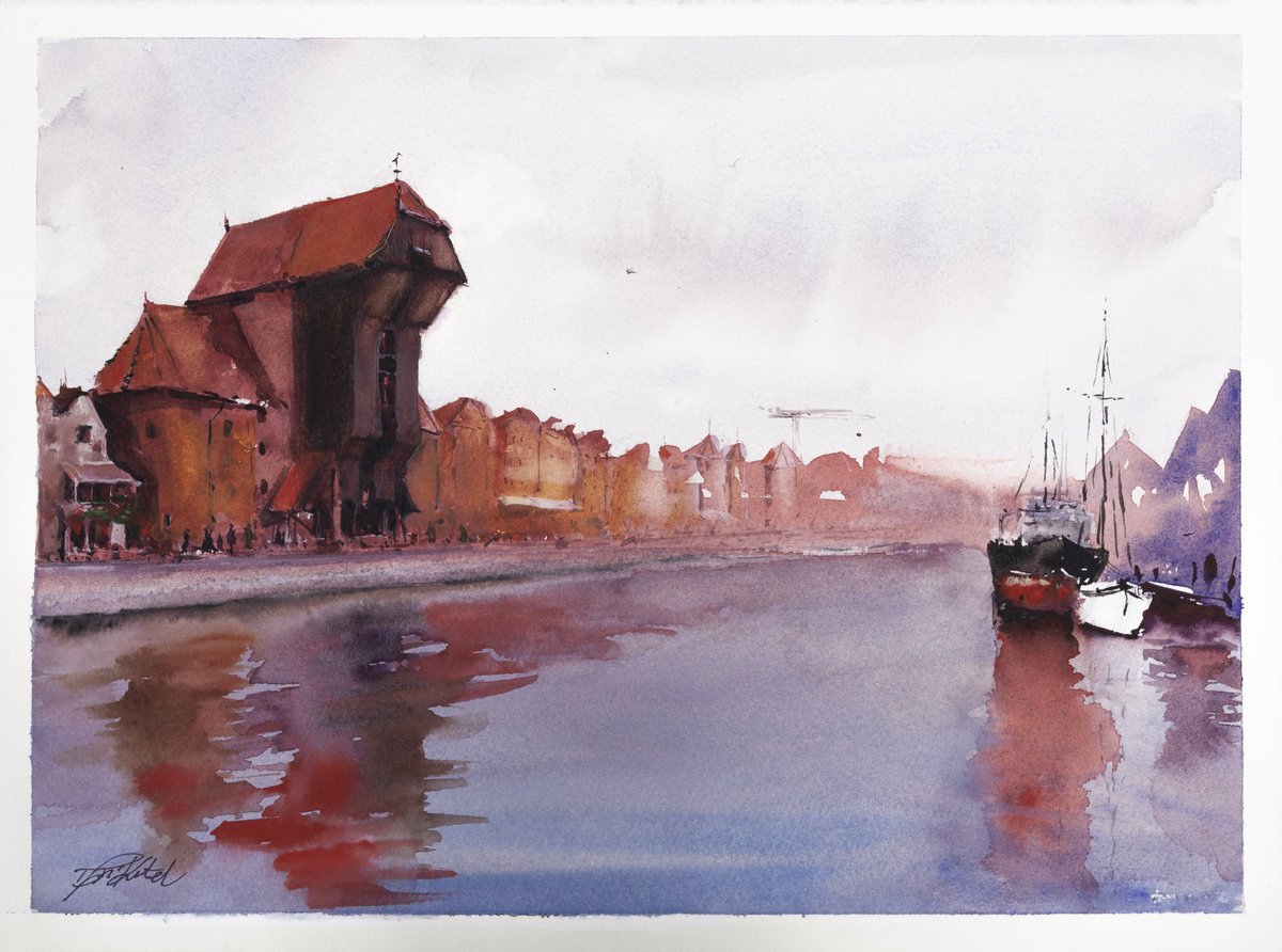 Cityscapes Watercolour By Tomasz Mikutel, 15 X 11", Crane Gate - GdaS?sk (Poland), Original Artwork