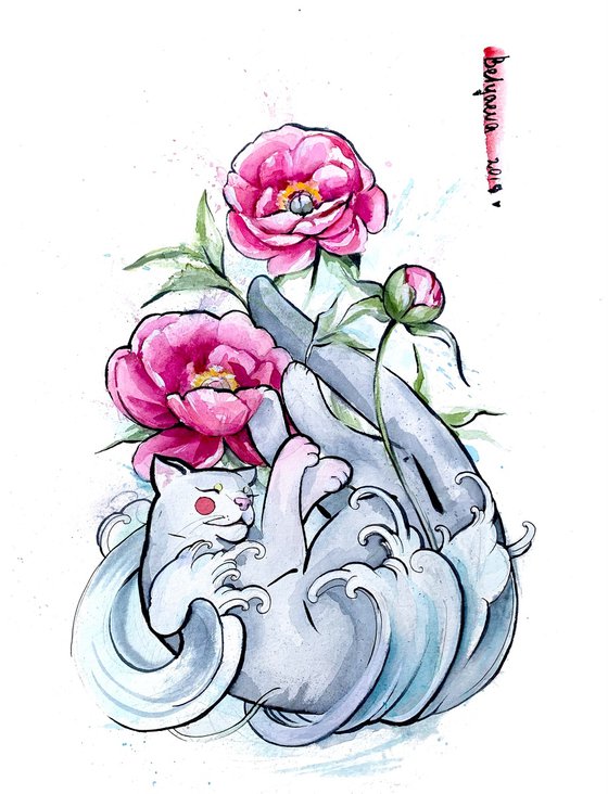 cat with peonies