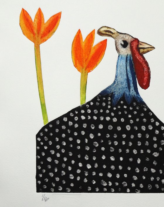 Guinea hens and flowers