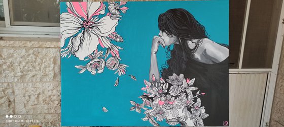 Brunette on blue with magnolias