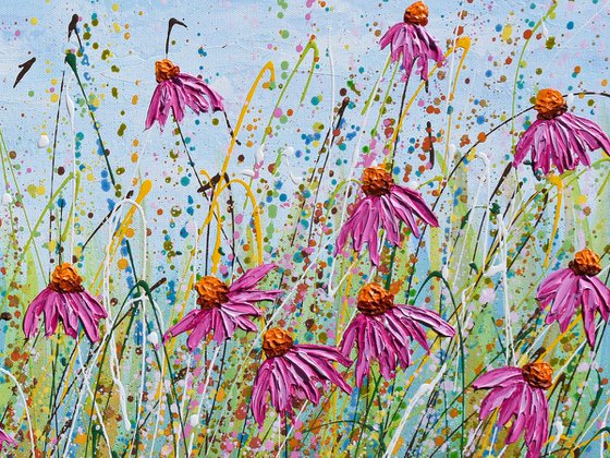 Pink Echinacea- Textured Floral Painting, Palette knife art