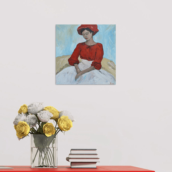 A Girl in a Red Blouse and Hat