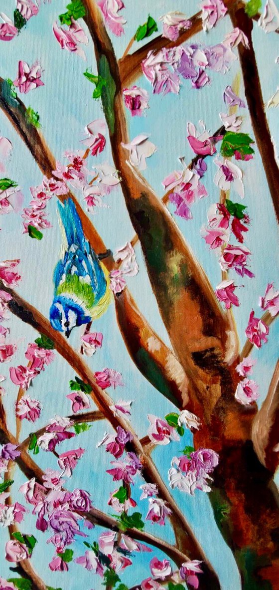 Apple tree in bloom with a flock of blue tits, spring in London, white, pink, turquoise 82 x 61 cm,  ready to hang oil painting