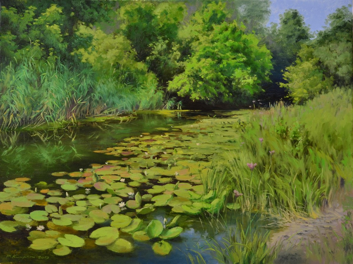 Impressionistic Landscape Oil Painting By Ruslan Kiprych, 24 X 18", Lilies At Noon, Original Artwork