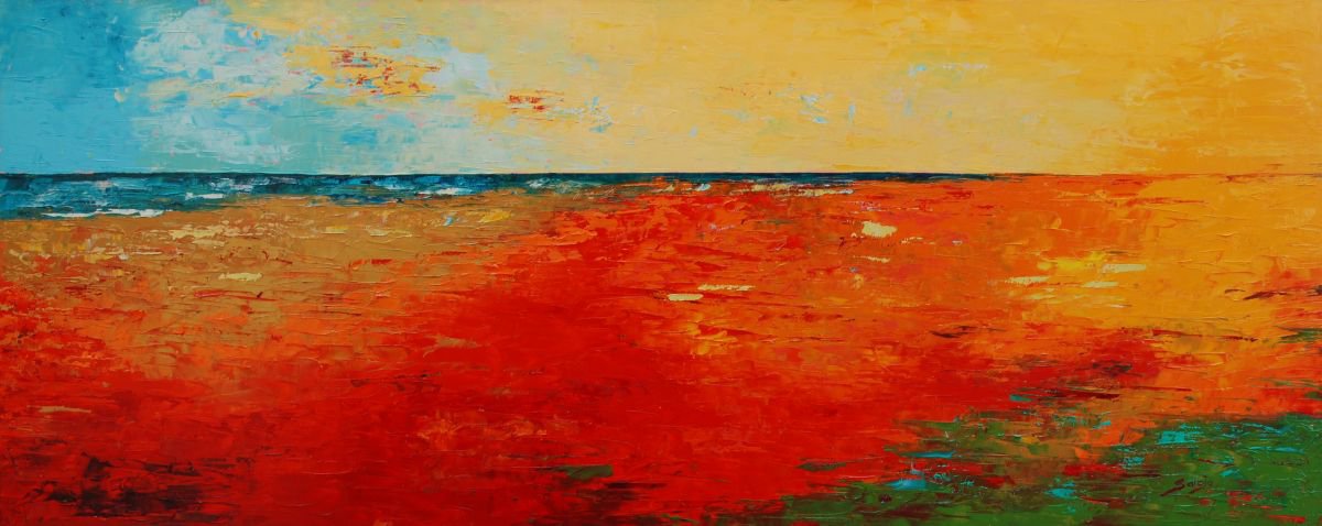 Abstract Landscape Oil Painting By Saroja Van Der Stegen, 41 X 17", Seascape Red (Ref#:1234-40Mm), Original Artwork