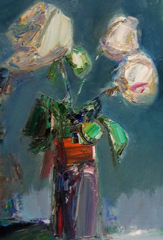 White flowers in vase (50x40cm, oil painting, palette knife)