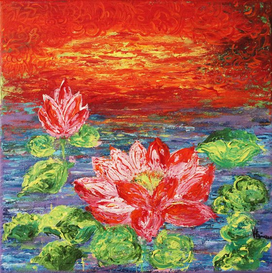 Lotus Pond-Impressionistic Acrylic Painting Ready to Hang