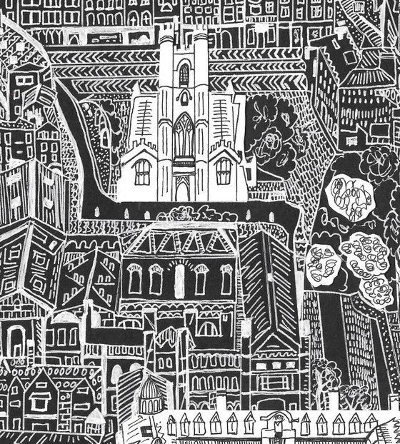 Cambridge skyline with King's College black and white drawing with (hand-cut) collage detail