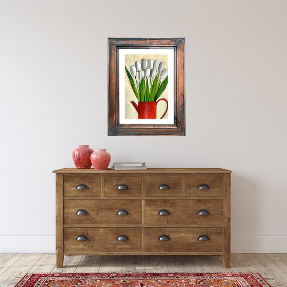 White Tulips in a Red Jug