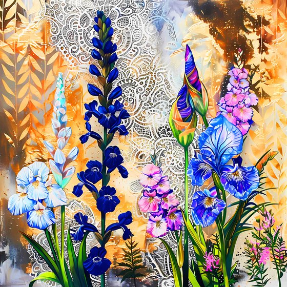 Delphiniums and irises