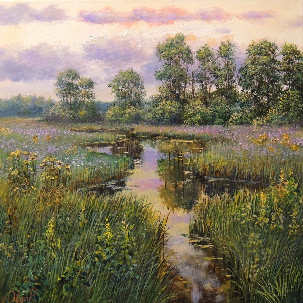 Photorealistic Landscape Oil Painting By Olga Riabchuk, 16 X 16", Purple Summer, Original Artwork