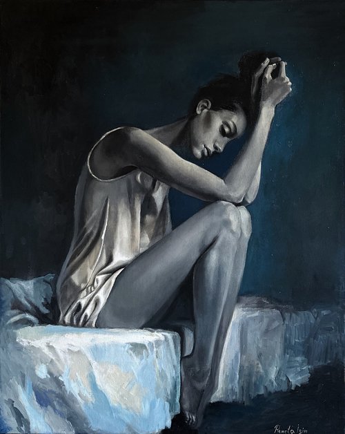 " Black and White Beauty " - 80 x 100cm Original Oil Painting Black and White to Dark Blue by Reneta Isin