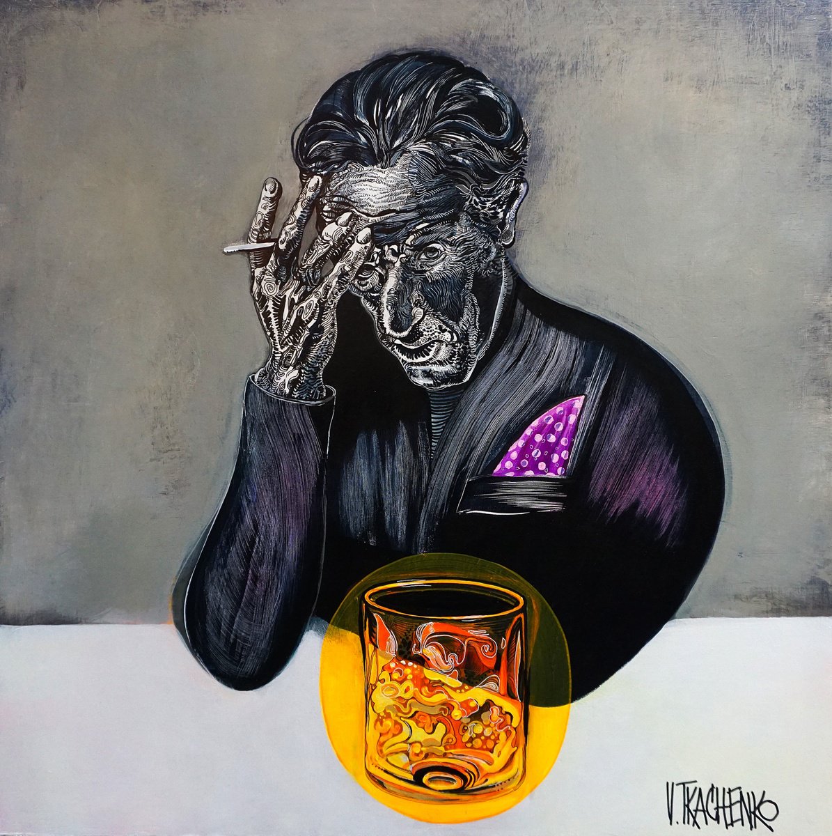 Organic Portrait Acrylic Painting By Victor Tkachenko, 24 X 24", Liquid Lunch B, Original Artwork