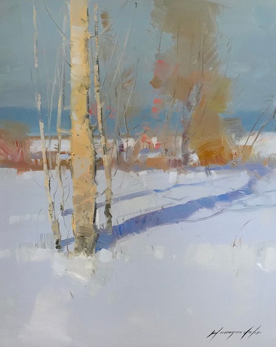 Winter Day, Landscape oil painting, Handmade artwork