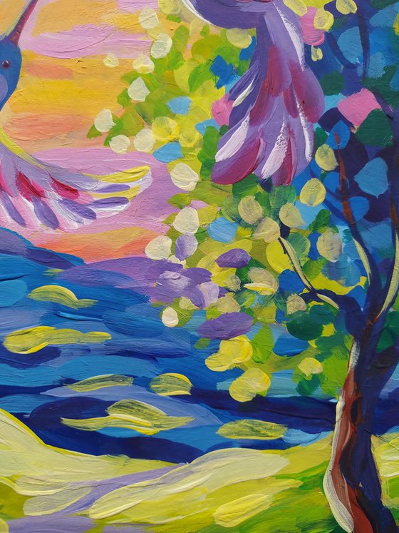 Peaceful time - acrylic, sunset, flowers, landscape, trees, forest, painting, landscape art, trees acrylic painting, birds, birds in love, painting, landscape painting