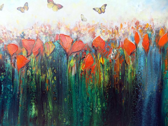 Welcome spring - Large abstract red flowers with butterflies, original artwork, abstract landscape