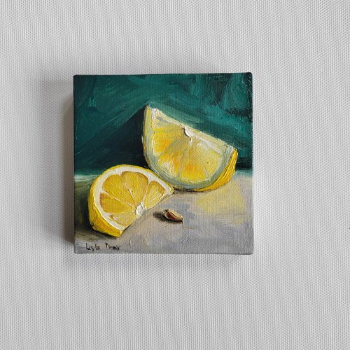 Lemon fruit still life oil painting realistic citrus wall decor 4x4" by Leyla Demir
